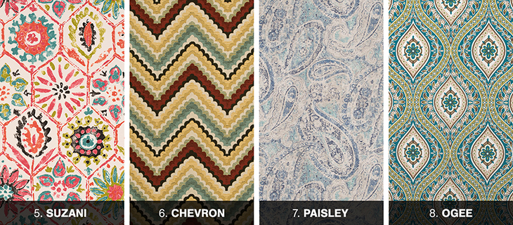 Suzani, chevron and paisley fabric styles